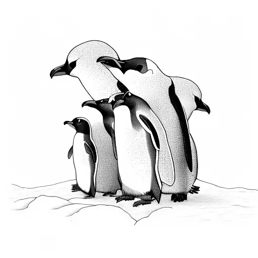 4 penguins in cartoony artstyle all in line standing together tattoo design idea