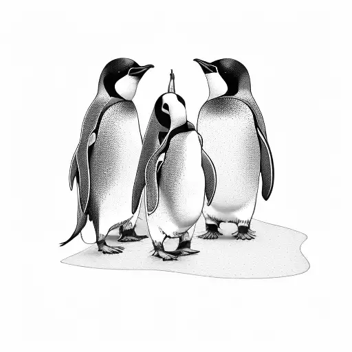 ( minimalist style, thin lines, no detail on tattoo) 4 penguins in cartoony artstyle all in line standing together tattoo design idea