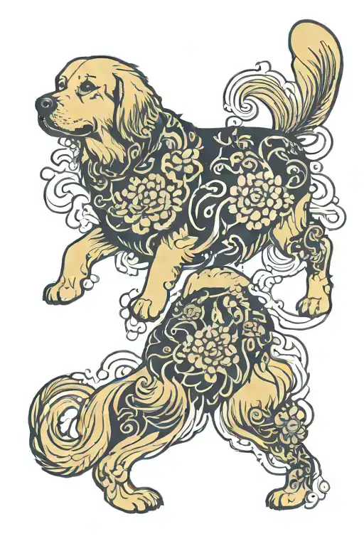 golden retriever as fu dog tattoo design idea