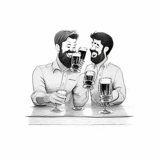 A sketch of friends toasting their beer mugs together tattoo design idea