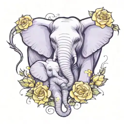 a baby and dad elephant trunks intertwined and trunks up with purple inclusion and white and yellow roses tattoo design idea