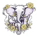 a baby and dad elephant trunks intertwined and trunks up with purple inclusion and white and yellow roses tattoo design idea