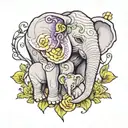 a baby and dad elephant trunks intertwined and trunks up with purple inclusion and white and yellow roses tattoo design idea