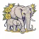 a baby and dad elephant trunks intertwined and trunks up with purple inclusion and white and yellow roses tattoo design idea