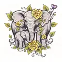a baby and dad elephant trunks intertwined and trunks up with purple inclusion and white and yellow roses tattoo design idea