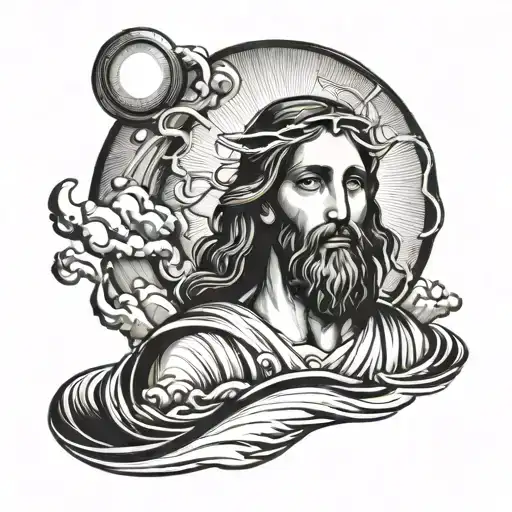 A stylized portrait of Jesus walking on water with a halo of light around his head tattoo design idea