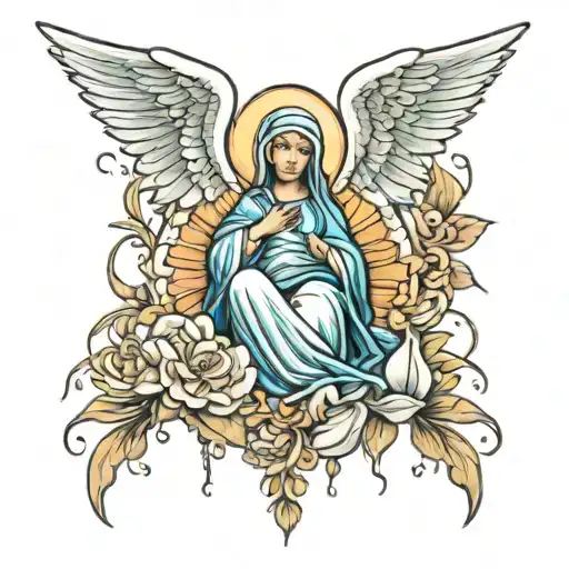 Virgin Mary with a falling angel at the bottom  tattoo design idea