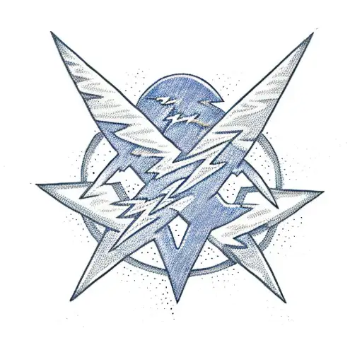 A traditional-style tattoo of a lightning bolt shaped like a pentagram, representing the client's favorite things and their passion for risky sports. tattoo design idea