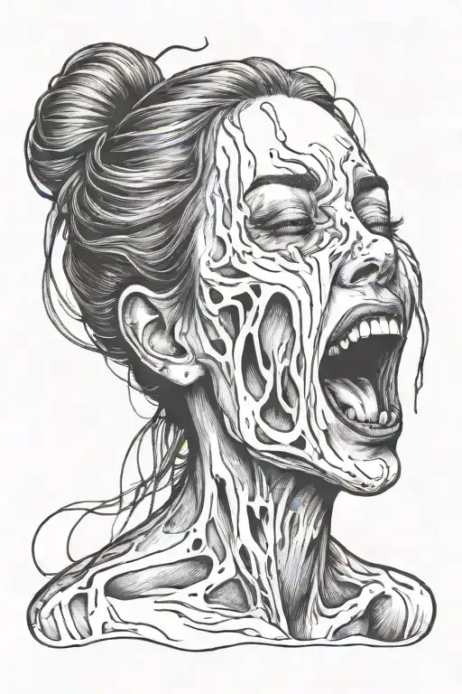 Lady with long hair holding her melting face. She look horrified and is screaming  tattoo design idea