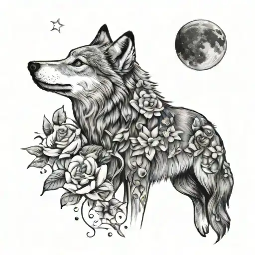 wolf whit flowers blooming and wraping whit a moon and stars in the background   tattoo design idea