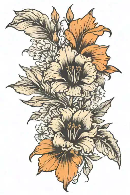 poppy gladiolus marigold and lily flower tattoo design idea