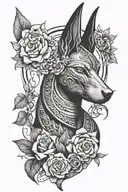 anubis, anch, flowers surrounding tattoo design idea