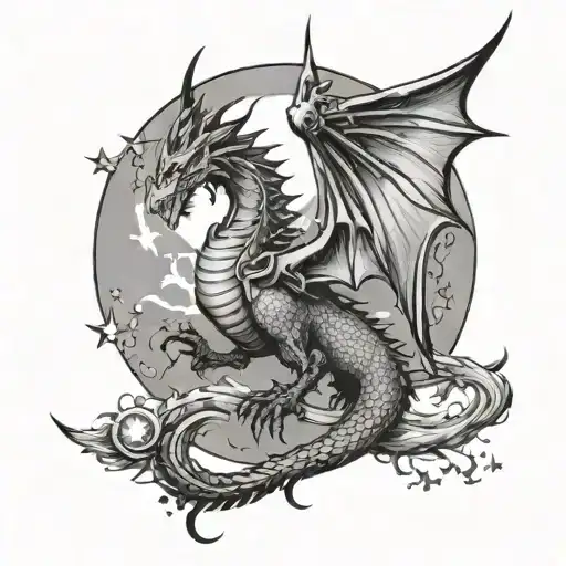 A gothic dragon with an angelic Fenix bird flying with the moon and stars tattoo design idea