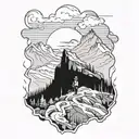 A mountain landscape with a hidden anime character hiking through the trails tattoo design idea