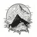 A mountain landscape with a hidden anime character hiking through the trails tattoo design idea
