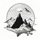 A mountain landscape with a hidden anime character hiking through the trails tattoo design idea