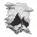 A mountain landscape with a hidden anime character hiking through the trails tattoo design idea