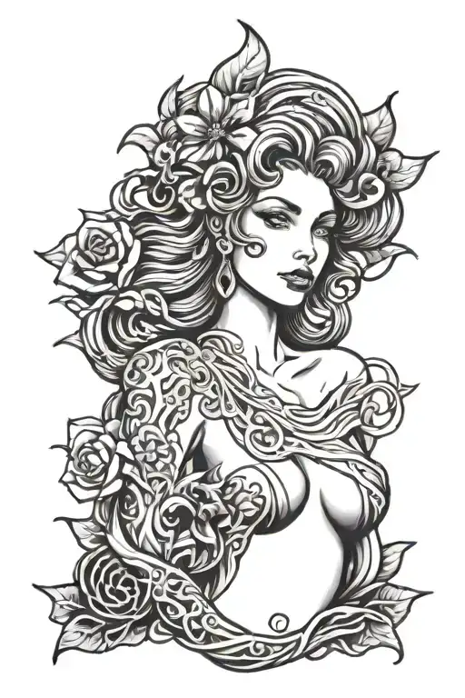 siren, dark, pretty woman tattoo design idea