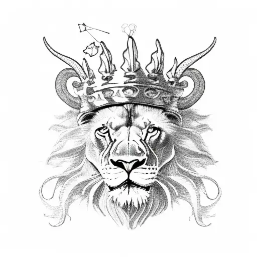 lion head with goat horns and crown with camera lens cinema roses and butterfly  tattoo design idea