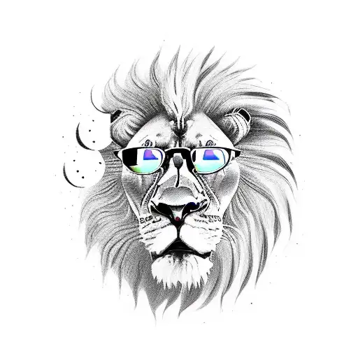 A lion with a mohawk hairstyle and sunglasses, standing in front of a time machine tattoo design idea