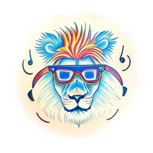 A lion with a mohawk hairstyle and sunglasses, standing in front of a time machine tattoo design idea
