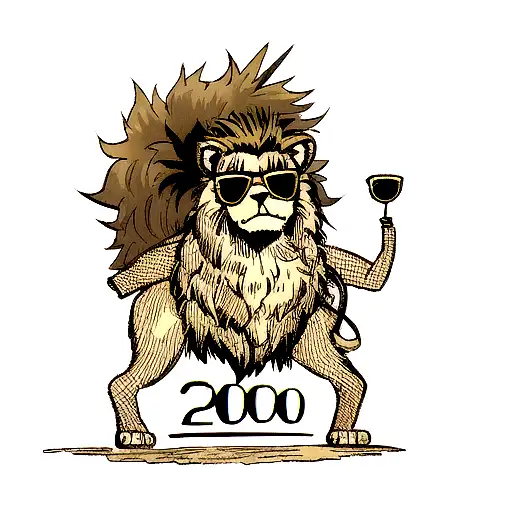 A lion with a mohawk hairstyle and sunglasses, standing in front of a time machine tattoo design idea