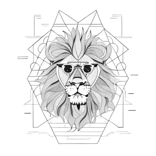 A lion with a mohawk hairstyle and sunglasses, standing in front of a time machine tattoo design idea