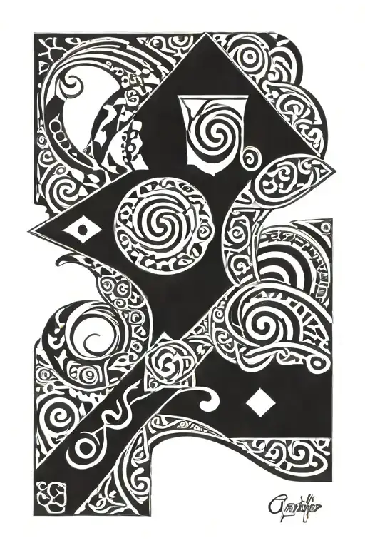 polynesian design with cards and last name written tattoo design idea