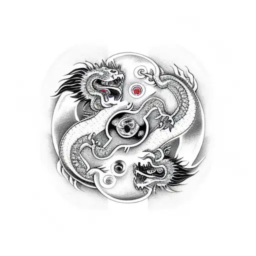 dragon eating sun, tiger chasing moon creating a yin yang sign tattoo design idea