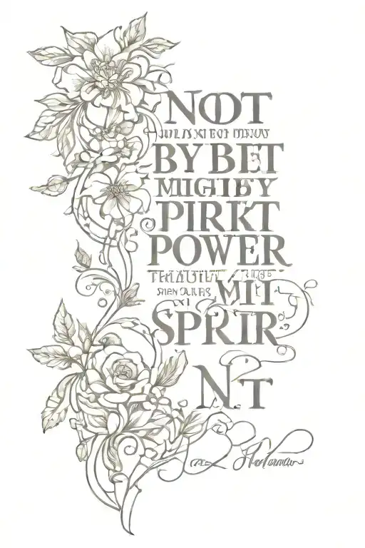 An image of a person praying + the words "Not by might nor by power, but by My Spirit" tattoo design idea