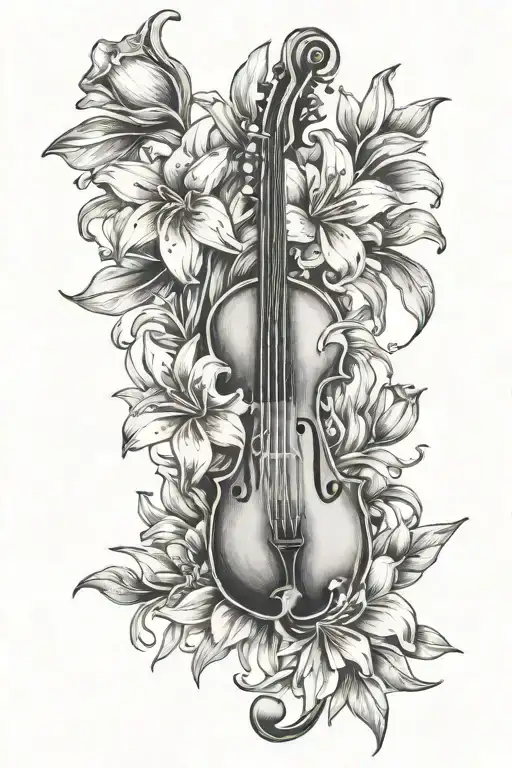 music key with daisies, tulips and lilies tattoo design idea