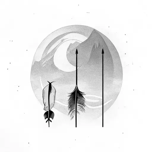 beach with arrow and feather tattoo design idea