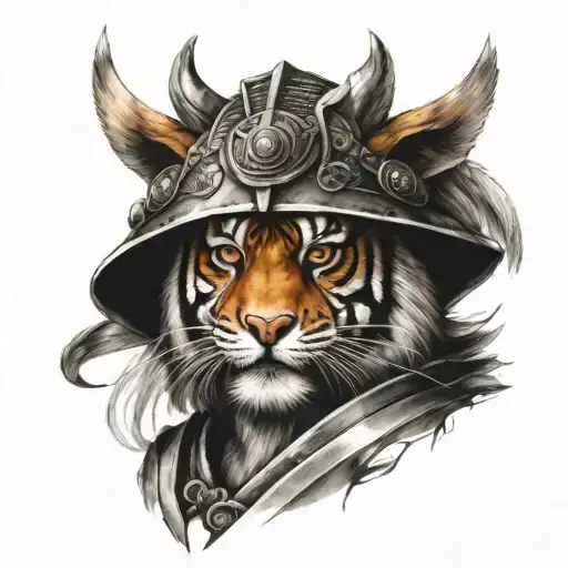 Tiger as a samurai warrior with a samurai helmet tattoo design idea
