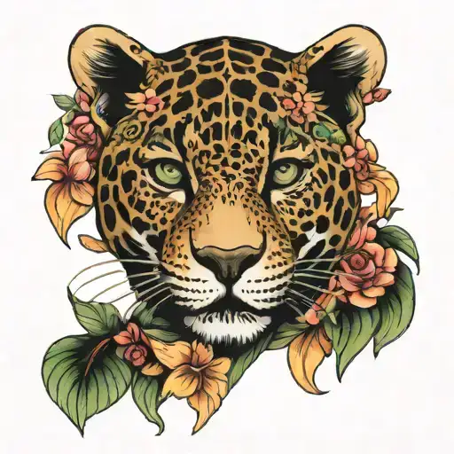 jaguar with South American flowers tattoo design idea