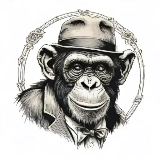 a chimpanzee smiling as a college professor with a monocle tattoo design idea