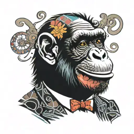 a chimpanzee laughing as a college professor with a monocle tattoo design idea