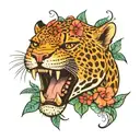 jaguar with mouth open with South American flowers tattoo design idea