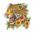 jaguar with mouth open with South American flowers tattoo design idea