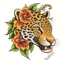 jaguar with mouth open with South American flowers tattoo design idea