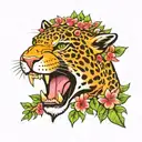 jaguar with mouth open with South American flowers tattoo design idea