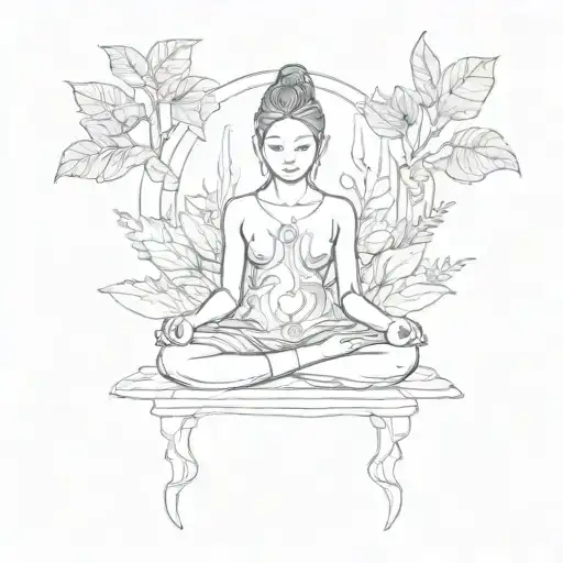 Sketch a peaceful meditation scene with a figure sitting in lotus position surrounded by nature elements, embodying mindfulness and serenity tattoo design idea