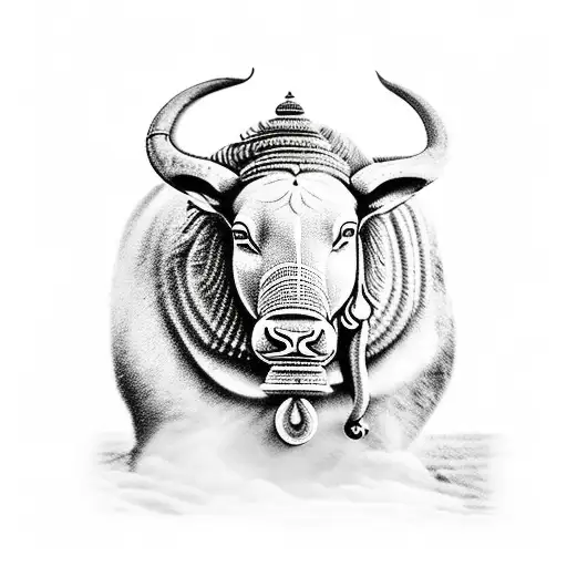 the realistic Lord Shiva sitting with nandi bull infront of kedarnath temple with background mountains covers with snow tattoo design idea