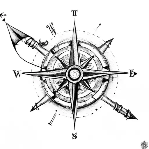 arrow through a compass surrounded with rose thorns tattoo design idea