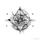 arrow through a compass surrounded with rose thorns tattoo design idea