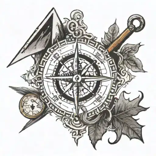 a compass where the north is a tent, the east is an axe, the south is a scouting scarf and the west is a bonfire  tattoo design idea