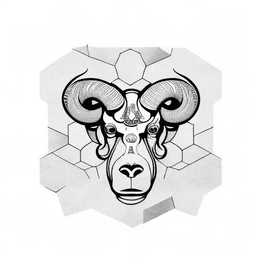 Ram head, front view, in hexagon, geometric, nordic, thrud le rouge barbe, dotted shadows tattoo design idea