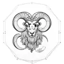 Ram head, front view, in hexagon, geometric, nordic, thrud le rouge barbe, dotted shadows tattoo design idea