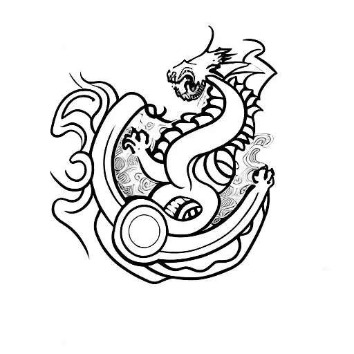 A dragon curled up on a movie reel tattoo design idea