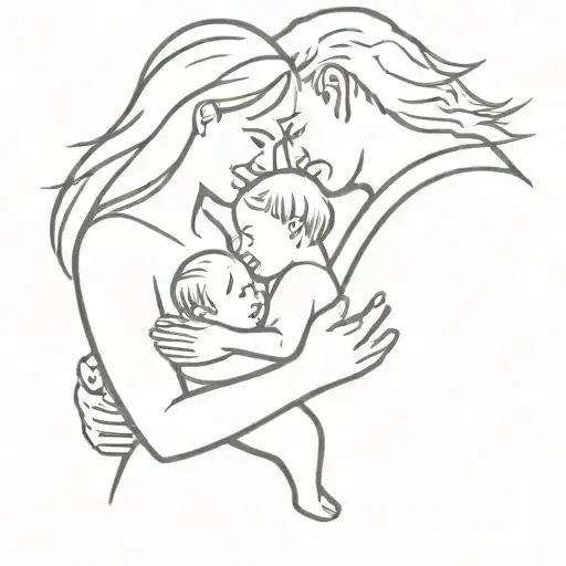mom and dad holding an angel baby, next to a dog tattoo design idea
