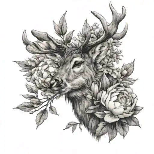 deer forest peony  tattoo design idea